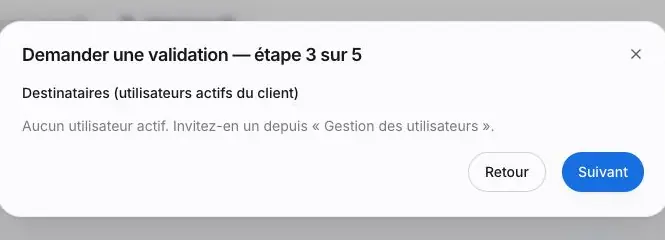 Capture 7 Étape 3 sans utilisateur actif et bouton Suivant désactivé.