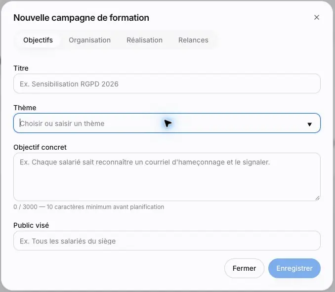 Capture 8 Onglet Objectifs avec le thème saisissable, l’objectif concret et le public visé.