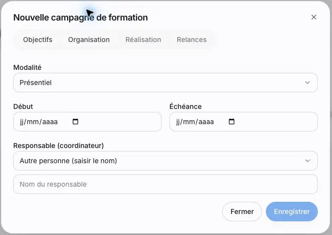 Capture 9 Onglet Organisation avec les modalités, les dates et le coordinateur.