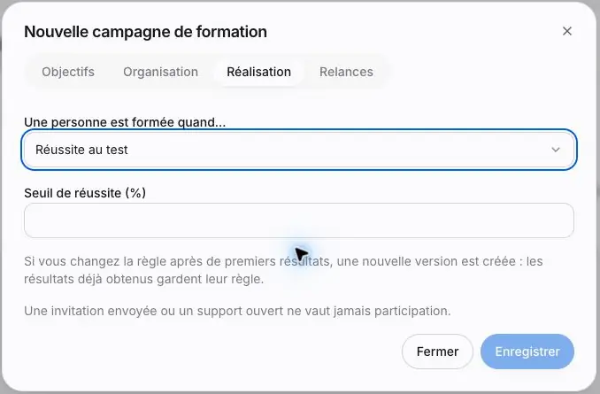 Capture 10 Le choix Réussite au test affiche le seuil en pourcentage et les avertissements sur la réalisation.