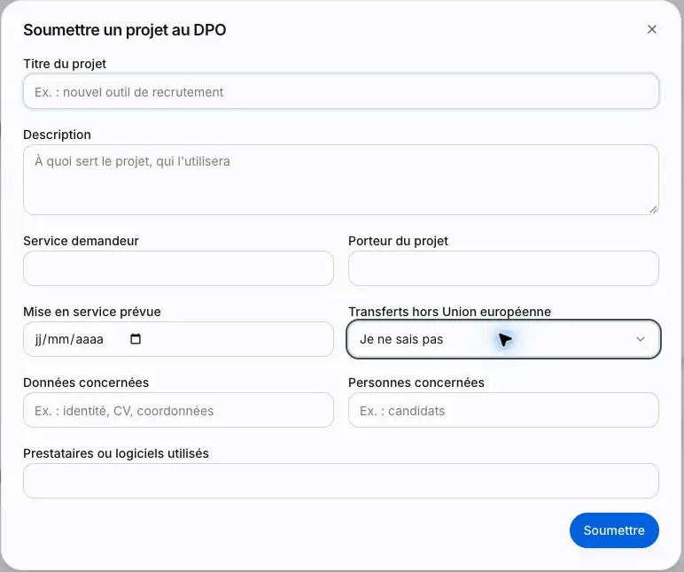 Capture 11 Formulaire de soumission d’un projet avec la date de mise en service et la qualification des transferts.