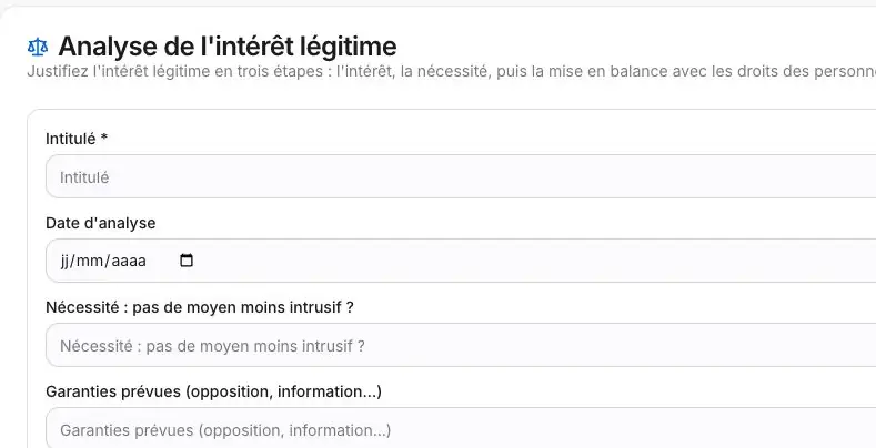 Capture 12 Partie gauche du formulaire d’analyse de l’intérêt légitime avec l’intitulé, la date et la question de nécessité.