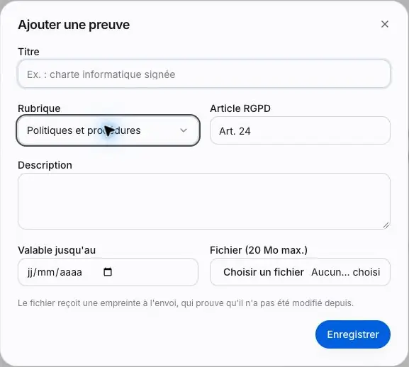 Capture 14 Formulaire Ajouter une preuve avec le classement, la référence RGPD, la validité et le fichier.