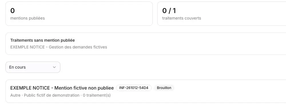 Capture 15 Mention fictive retrouvée après rechargement : état Brouillon et aucun traitement rattaché. Les indicateurs de publication restent à zéro.