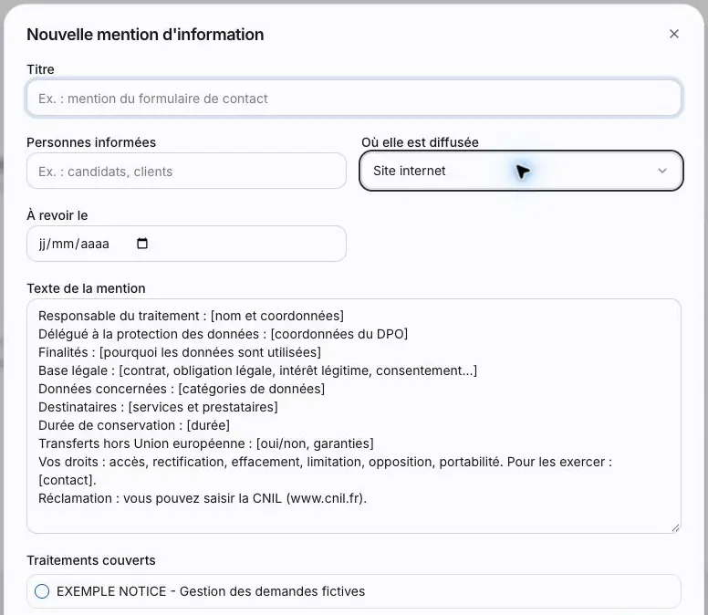 Capture 16 Nouvelle mention d’information : identité de la mention, canal, date de revue, texte prérempli et traitements couverts.