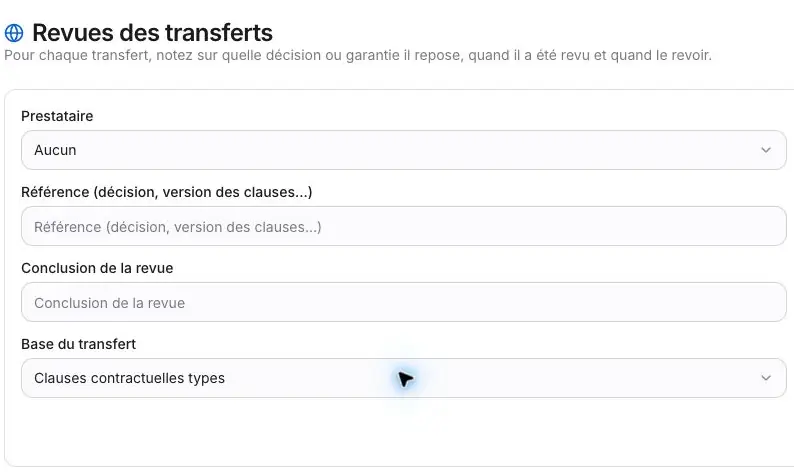 Capture 18 Revues des transferts : prestataire, référence, conclusion et base de la revue. Les autres champs sont détaillés dans le tableau.
