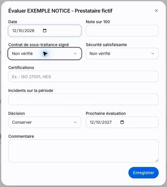 Capture 19 Évaluation du prestataire fictif : contrat, sécurité, éléments examinés, décision et prochaine évaluation.