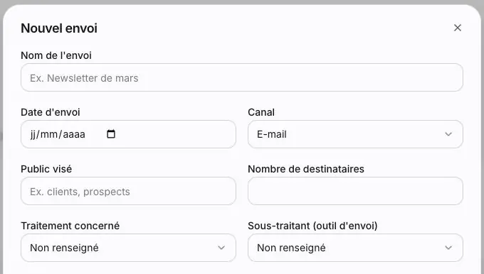 Capture 21 Nouvel envoi : identification de l’opération, public, volume et relations proposées avec le traitement et le sous-traitant.