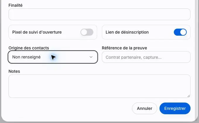 Capture 22 Partie inférieure du formulaire : origine des contacts, référence de preuve, notes et boutons Annuler et Enregistrer.