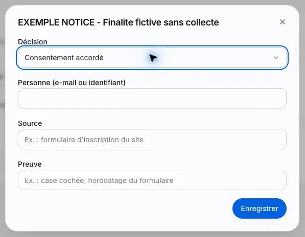 Capture 24 Formulaire de décision observé, sans saisie de personne ni enregistrement d’un accord ou d’un retrait.