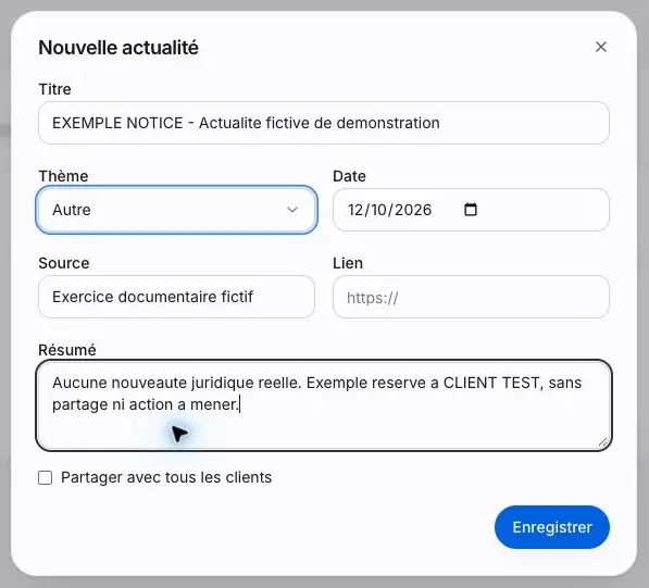 Capture 26 Note fictive avant enregistrement : thème Autre et case Partager avec tous les clients décochée.