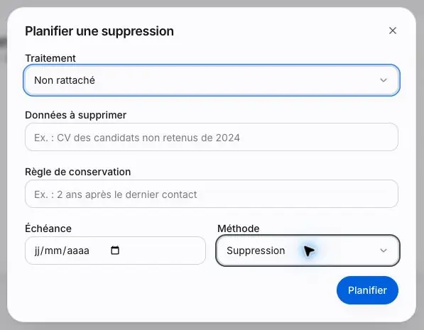 Capture 28 Formulaire Planifier une suppression, uniquement observé : aucun champ rempli et aucune validation.