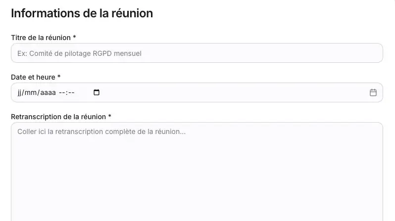 Capture 29 Nouvelle réunion RGPD : les trois champs marqués d’un astérisque doivent être renseignés.