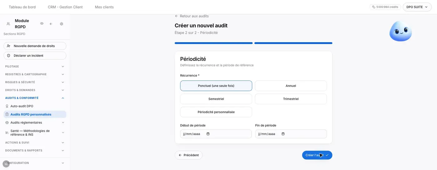 Figure P1 - La seconde étape fixe la périodicité et les dates de référence avant la création du brouillon.