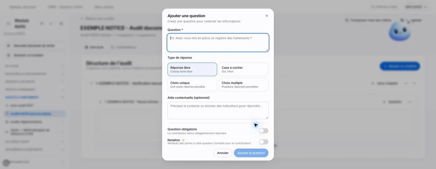 Figure P3 - Le formulaire distingue le type de réponse, le caractère obligatoire et la notation. La commande Ajouter la question se trouve en bas.