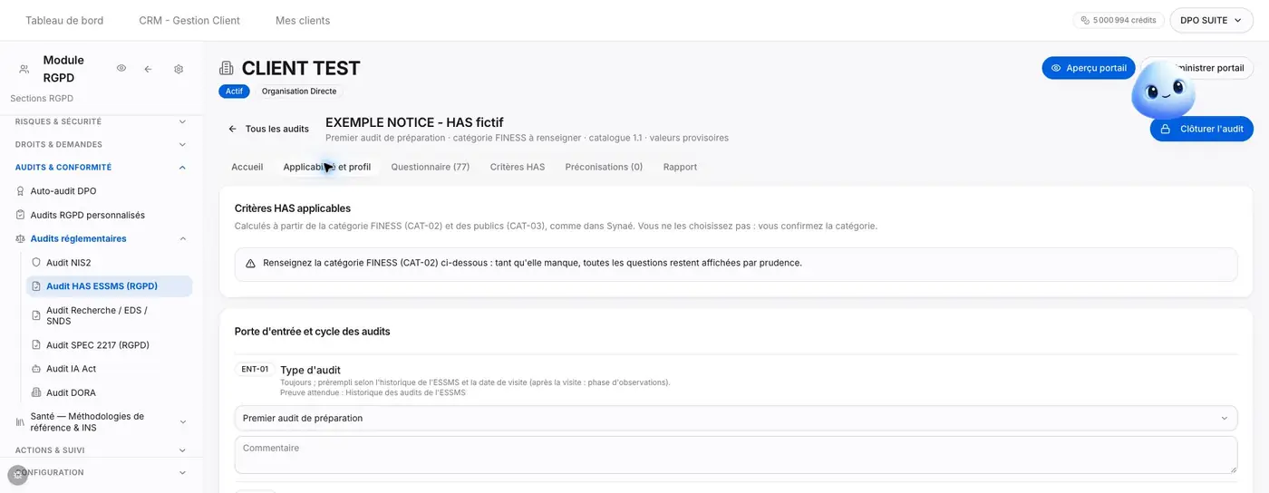Figure H1 - Détail du type d’audit ENT-01 dans Applicabilité et profil. Le commentaire permet de préciser le contexte du choix.