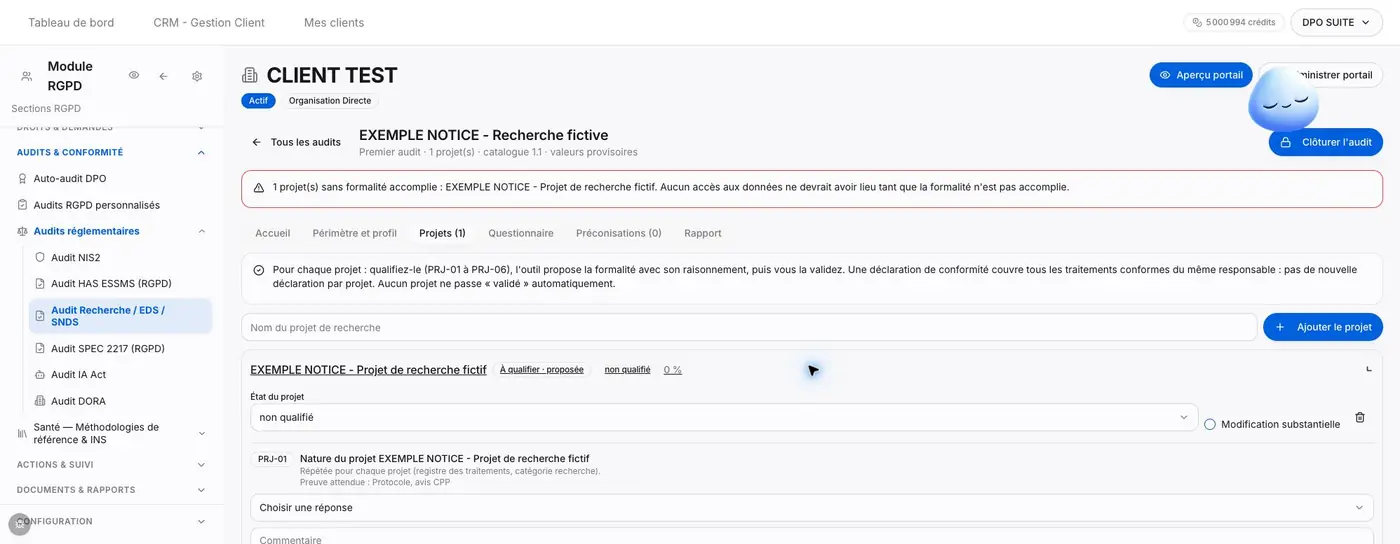 Figure R1 - La fiche projet associe état, qualification et formalités. Le projet fictif ajouté est resté non qualifié.