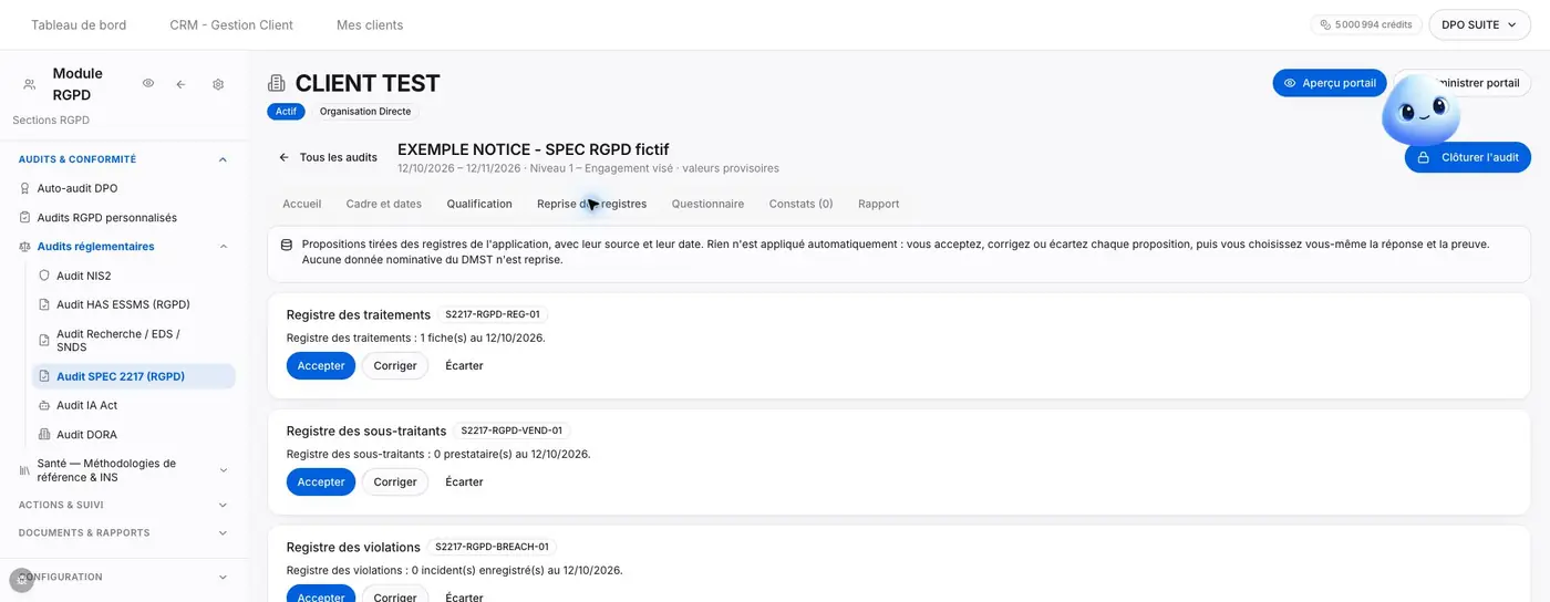Figure S2 - Détail des deux premières sources proposées dans Reprise des registres avec les commandes Accepter, Corriger et Écarter. Aucune proposition n’a été appliquée pendant l’essai.