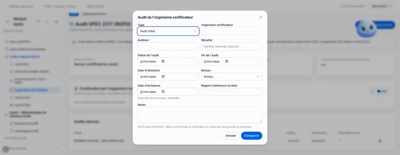 Figure S4 - Fiche de suivi d’un audit réalisé par l’organisme certificateur. La saisie d’un résultat ne constitue pas une certification délivrée par DPO SUITE.