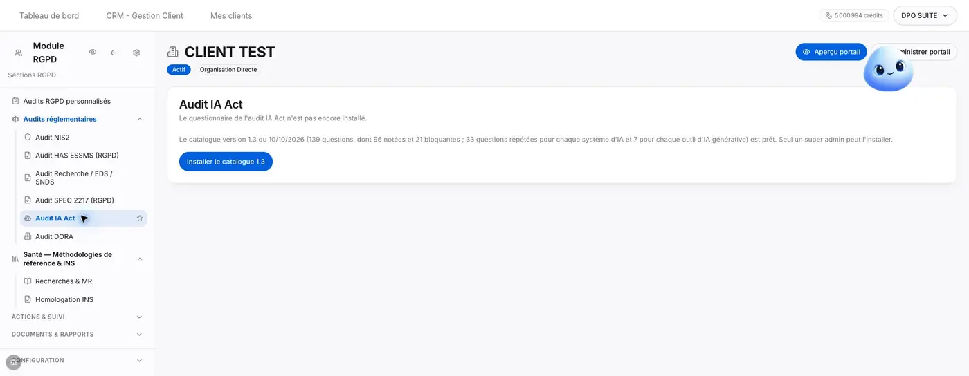 Figure I1 - Détail du message d’entrée : le questionnaire IA Act n’est pas encore installé.