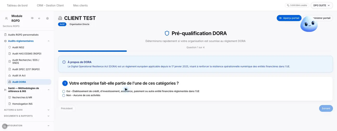 Figure D1 - Première question de préqualification DORA. Le choix attendu porte sur le statut de l’entité.