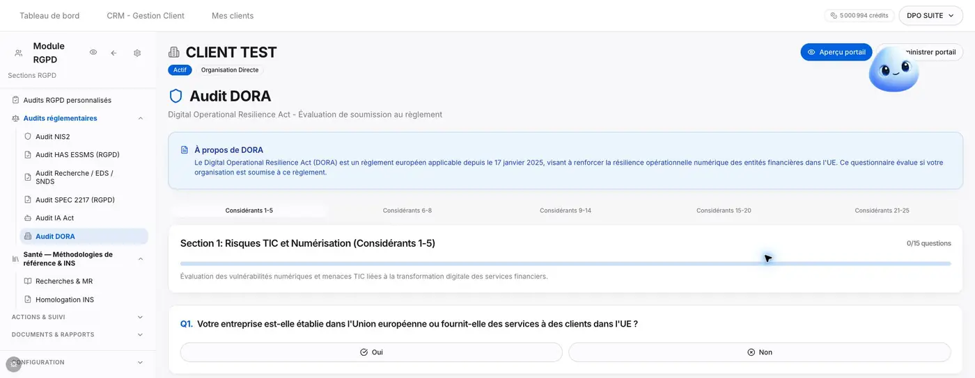 Figure D2 - L’audit complet présente cinq sections et des réponses Oui / Non. La progression est liée aux réponses, pas à une attestation.