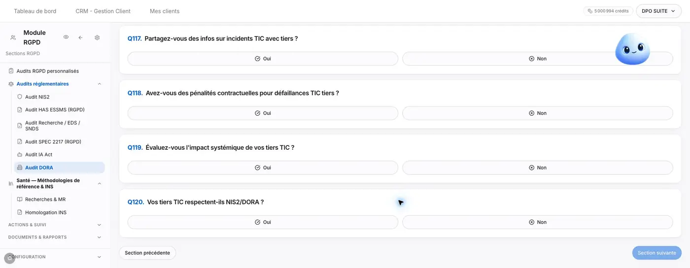 Figure D3 - Les dernières questions concernent notamment les prestataires TIC. « Section suivante » est désactivé après la dernière section.