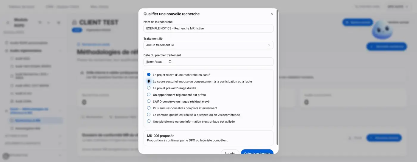 Figure M2 - Détail du formulaire de qualification. Les cases orientent une proposition qui doit être relue ; elles ne déposent pas de demande auprès de la CNIL.