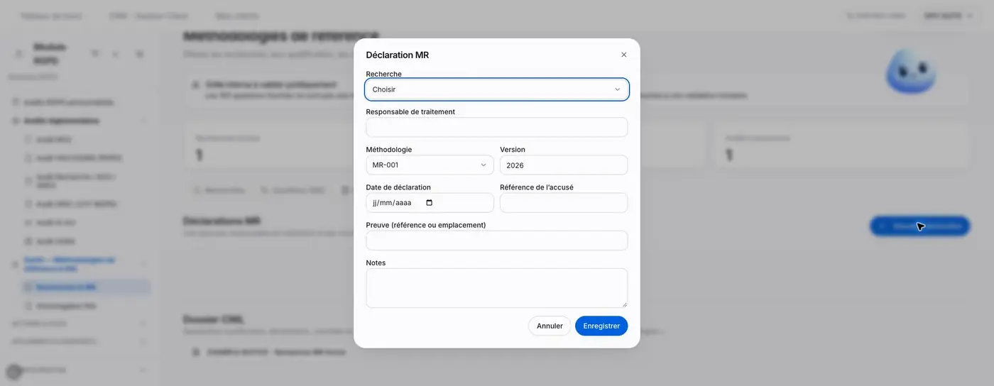 Figure M4 - Enregistrer une déclaration ici consiste à en documenter la trace. Ce formulaire ne démontre pas un envoi à la CNIL.