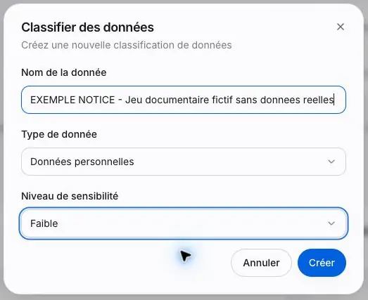Formulaire renseigné pour le jeu documentaire fictif, avant création.