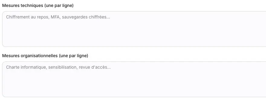 Détail des champs documentaires de mesures techniques et organisationnelles.