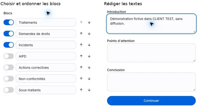 Figure I2 - Extraits des panneaux de personnalisation : blocs activables à gauche, textes de synthèse à droite. La démonstration ne contient aucune conclusion sur un client réel.