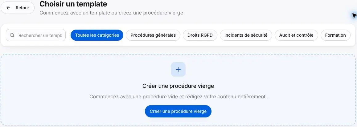 Figure P1 - Entrée du choix de modèle et commande de création vierge. Les modèles doivent être adaptés au client avant utilisation.