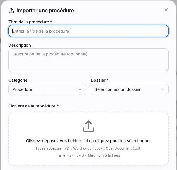 Figure P5 - Champs du formulaire d’import. Le dossier et les fichiers sont requis ; les boutons de pied ne figurent pas dans cet extrait.