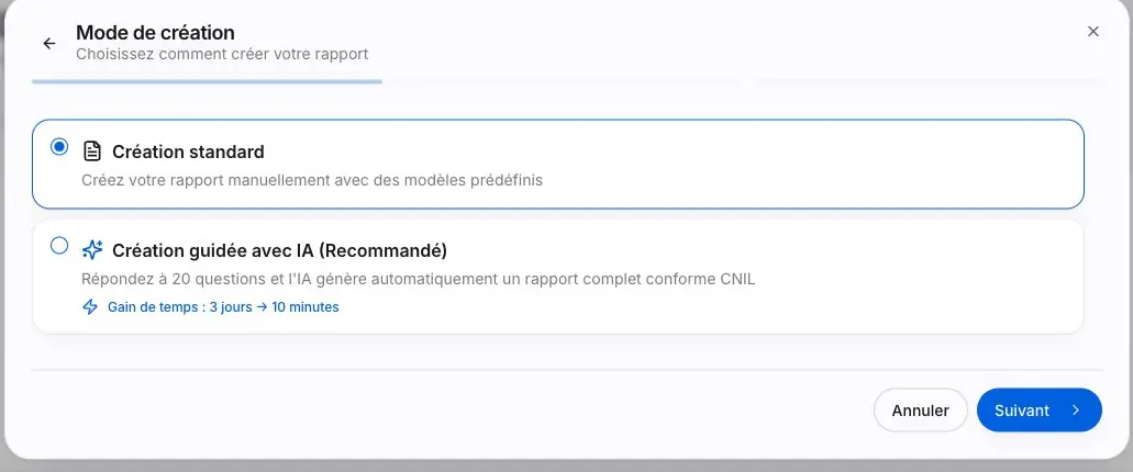 Figure R1 - Choix du mode de création. Seul le parcours standard a été réalisé.