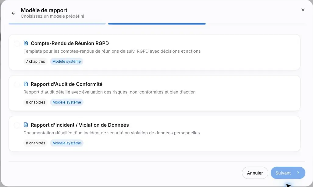 Figure R2 - Modèles proposés après le choix du type Personnalisé. Le modèle de réunion a été choisi pour l’essai.