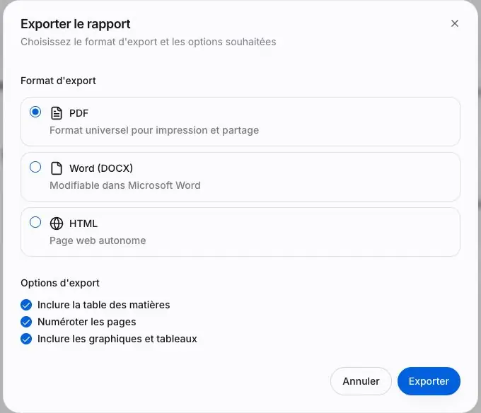 Figure R5 - Formats et options de sortie. Le format Word a été essayé, sans fichier récupéré et vérifié.