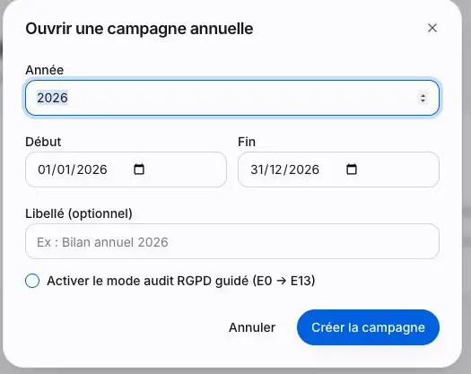 Figure A1 - Formulaire d’ouverture d’une campagne annuelle. L’option de mode guidé est distincte de la création de la campagne.