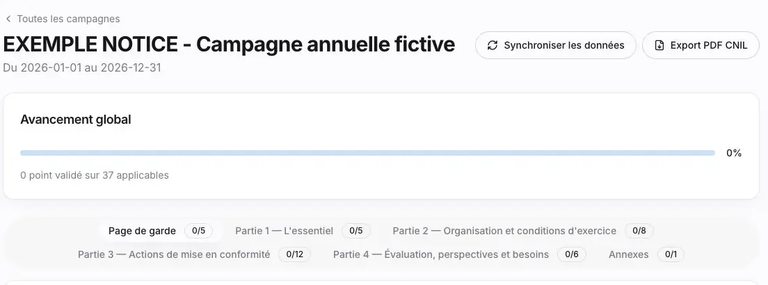 Figure A2 - Avancement global et six onglets de campagne. Les 37 points applicables de l’exemple sont encore à compléter.