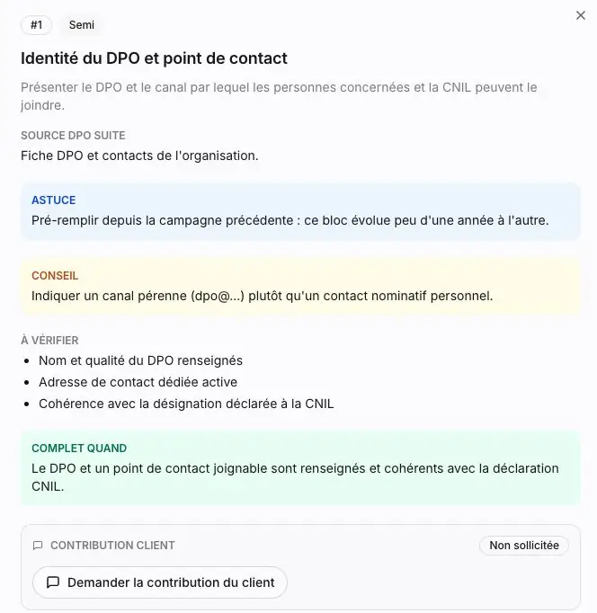 Figure A3 - Le point Identité du DPO présente les sources, les vérifications attendues et la contribution client. Extrait du haut du panneau.