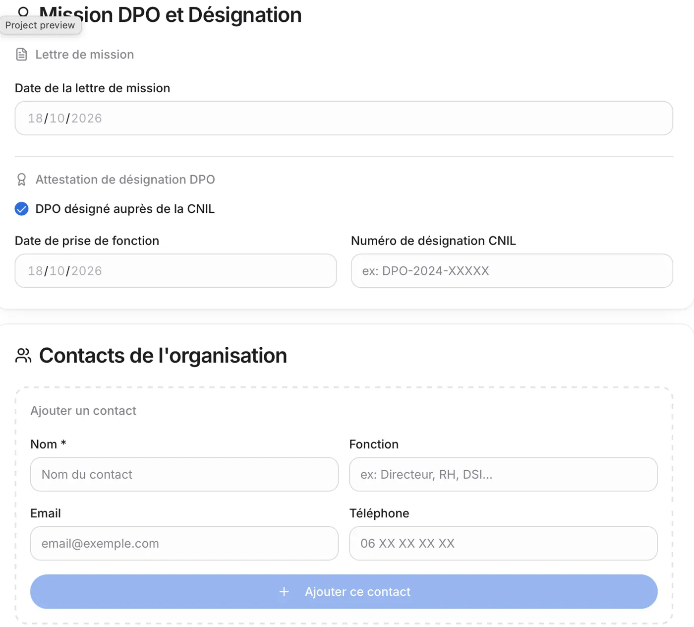 L'onglet Mission DPO : date de la lettre de mission, case DPO désigné auprès de la CNIL, date de prise de fonction, numéro de désignation CNIL, puis Contacts de l'organisation.