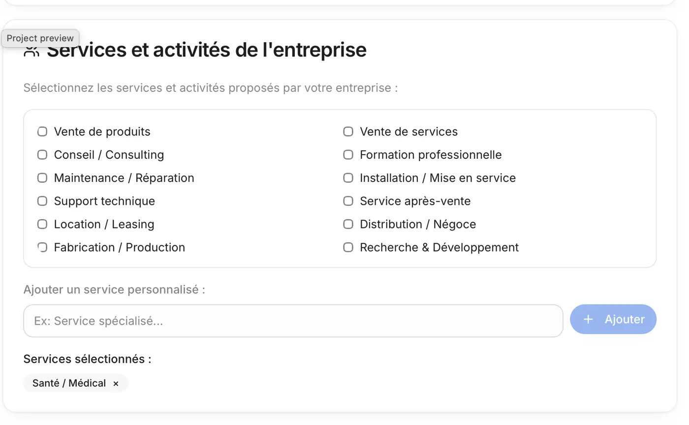 Le bloc Services et activités : activités à cocher, service personnalisé et services sélectionnés.