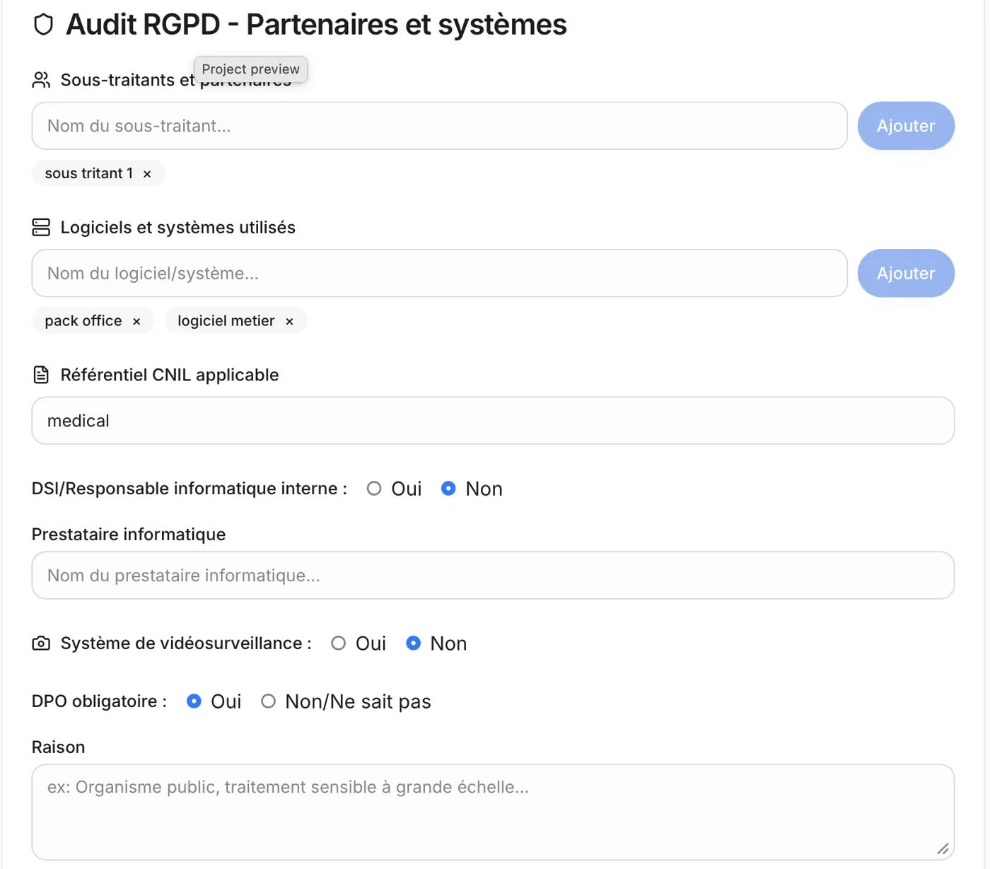 L'onglet Audit RGPD : ajout des sous-traitants et des logiciels, référentiel CNIL applicable, DSI interne, prestataire informatique, vidéosurveillance, DPO obligatoire et raison.