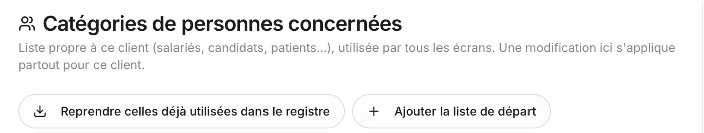 Le bloc Catégories de personnes concernées : Reprendre celles déjà utilisées dans le registre, Ajouter la liste de départ.