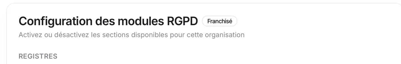 La Configuration des modules RGPD : activez ou désactivez les sections disponibles pour cette organisation.