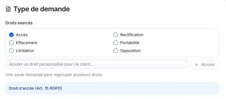Capture 3 Les six droits proposés, le champ de droit personnalisé et l’indication de sélection multiple. Accès était coché.