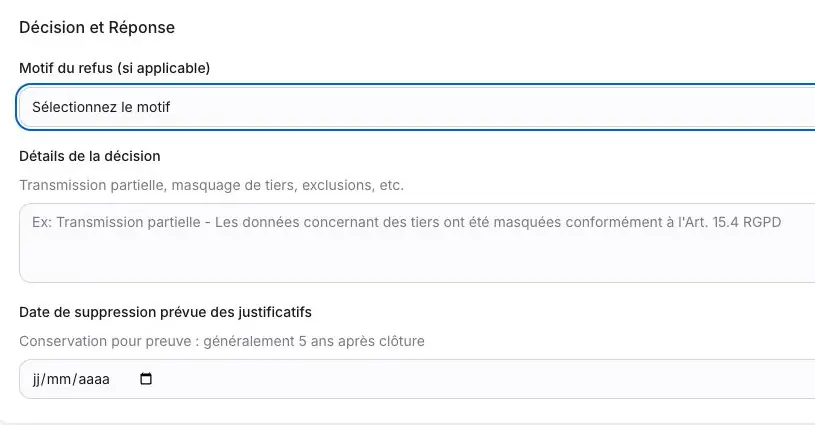 Capture 5 Détail des champs Décision et Réponse et de la date de suppression prévue. Aucun enregistrement n’a été réalisé.