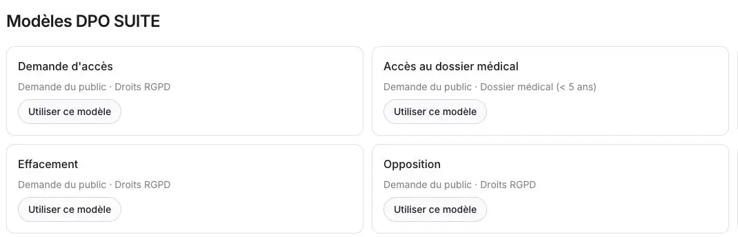 Capture 7 Extrait des modèles DPO SUITE. Aucun modèle n’a été utilisé et aucun formulaire n’a été créé.
