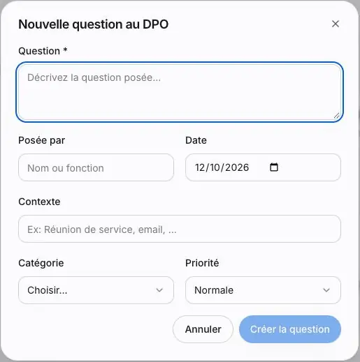 Capture 9 Formulaire complet avant saisie : Question est obligatoire et Créer la question est désactivé lorsque le formulaire est vide.