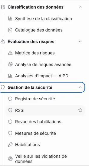 Le menu Gestion de la sécurité et ses six entrées. Les rubriques au-dessus appartiennent à d’autres menus.
